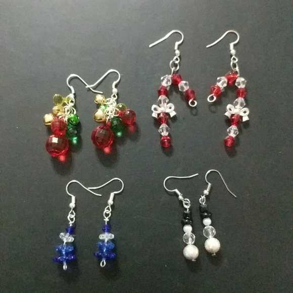 Set of 4 Holiday Christmas Earrings - Baubles, Blue Tree, Snowman, Candy Cane - Picture 1 of 1